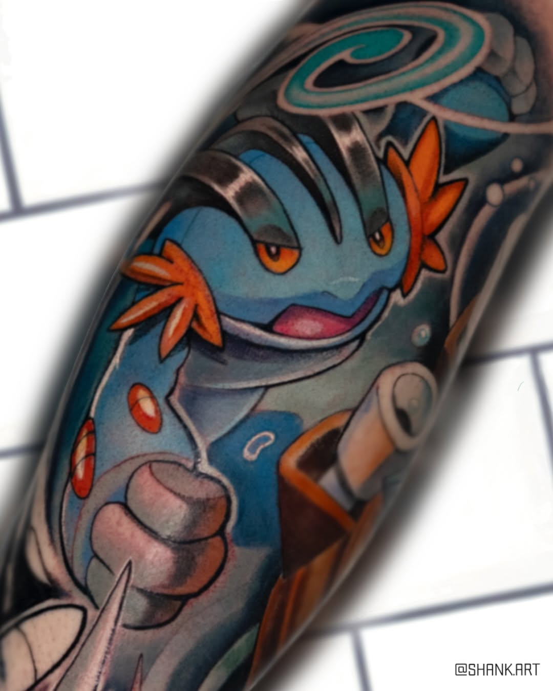 Bold, vibrant Mudkip sleeve with crisp outlines and shading