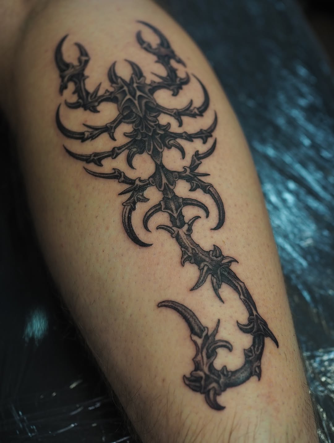 Intricate blackwork scorpion-vine with thorny, flowing limbs