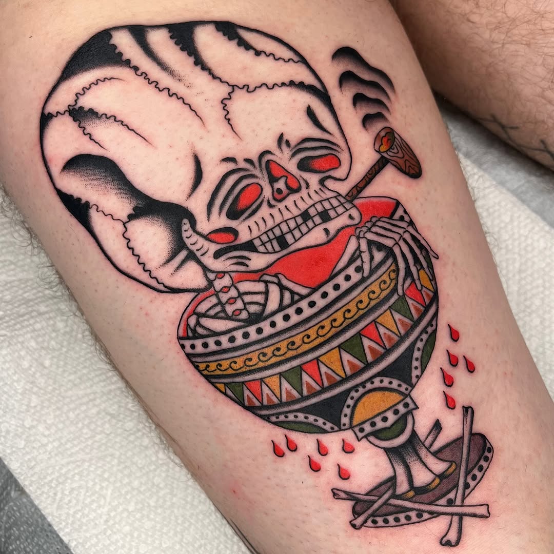 Bold neo-traditional skull perched on a decorative chalice
