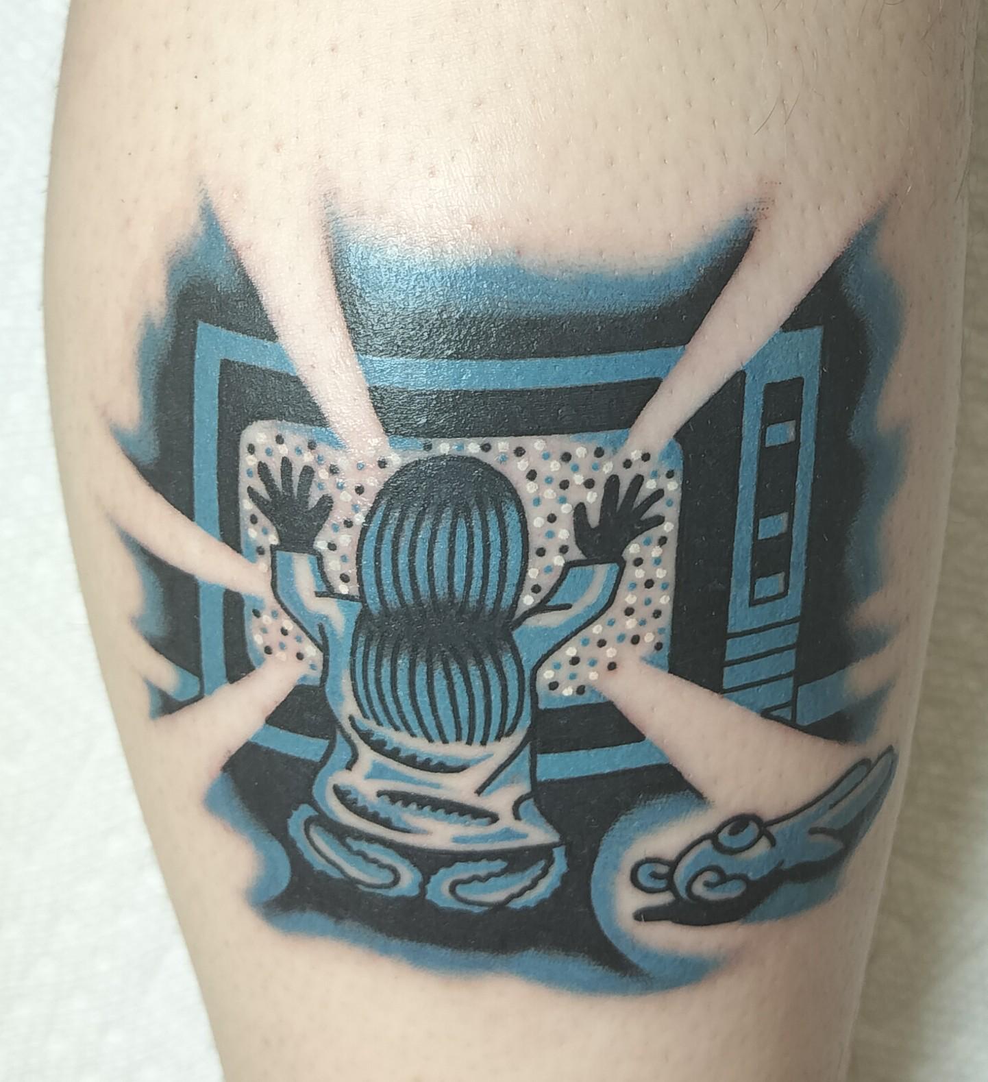 Cartoonish poltergeist emerging from retro TV frame