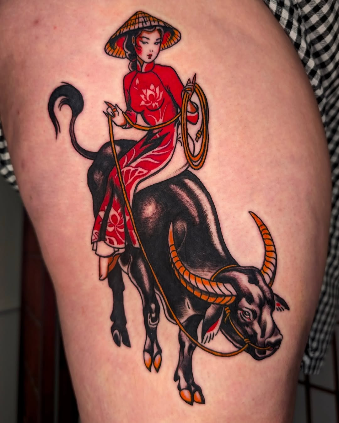 Vietnamese-inspired pin-up riding a horned water buffalo