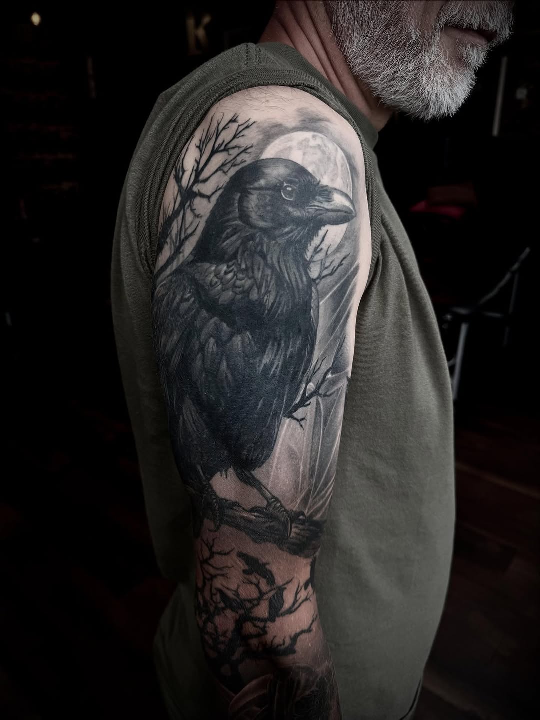 Monochrome raven on moonlit branches with bold shading