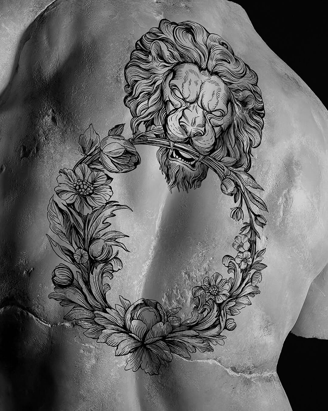 Intricate lion head encircled by ornate floral wreath