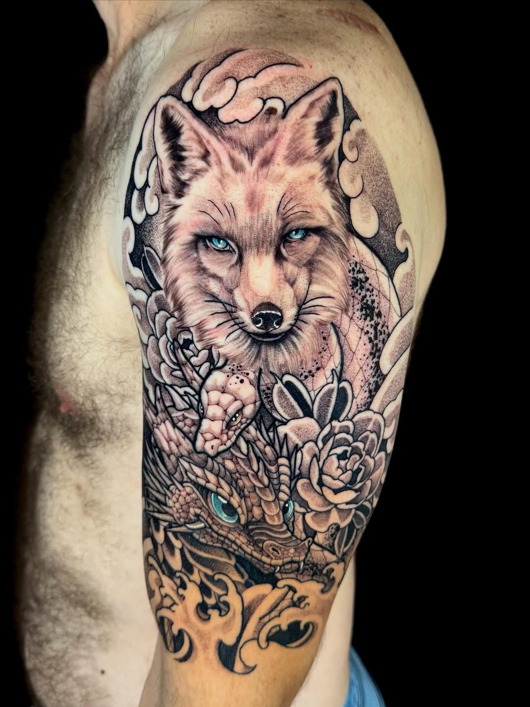 Vivid fantasy fox and dragon vignette with florals