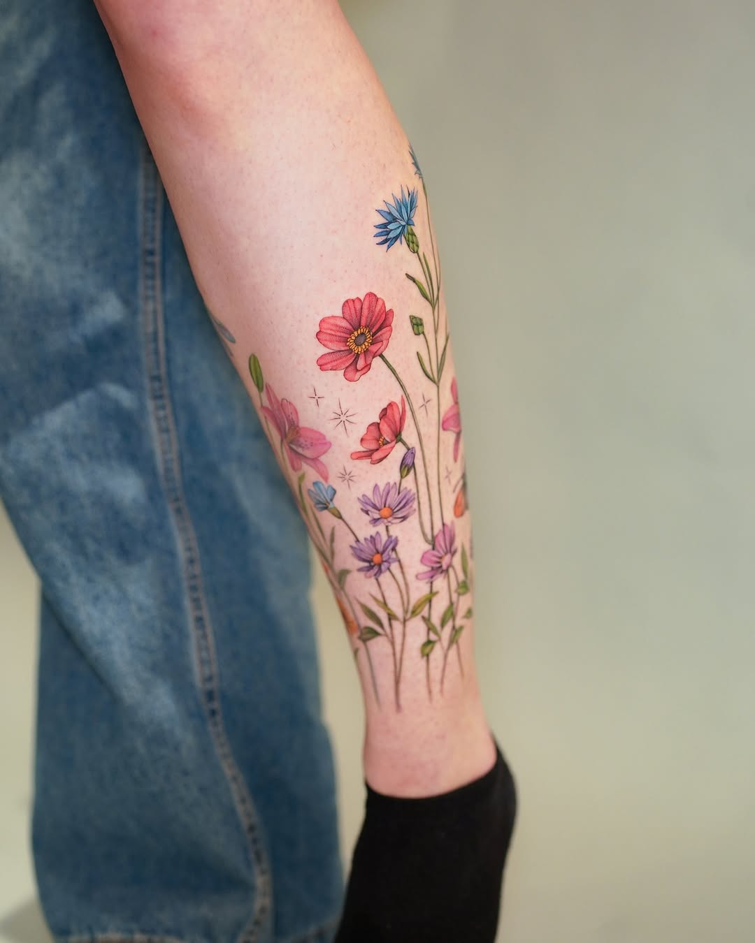 Meadow Walk: vibrant watercolor floral calf piece.