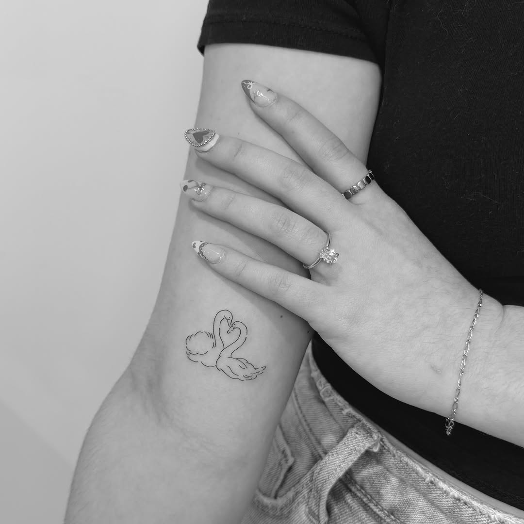 Delicate pair of swans forming a heart in fine linework