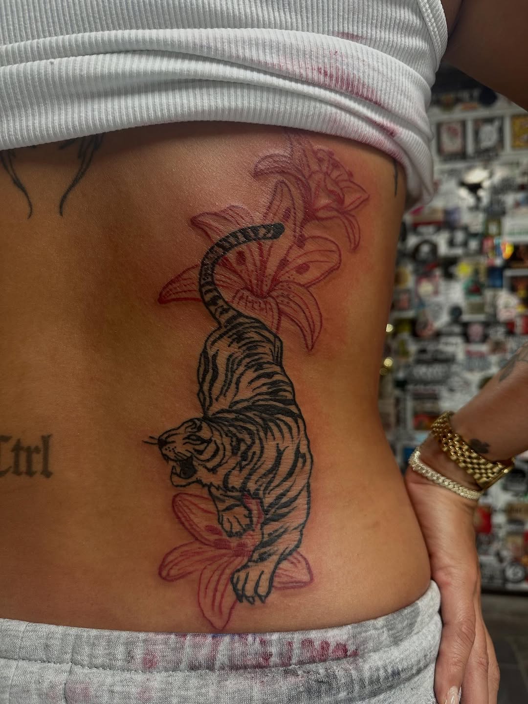 Dynamic tiger prowling among crimson lilies, crisp linework