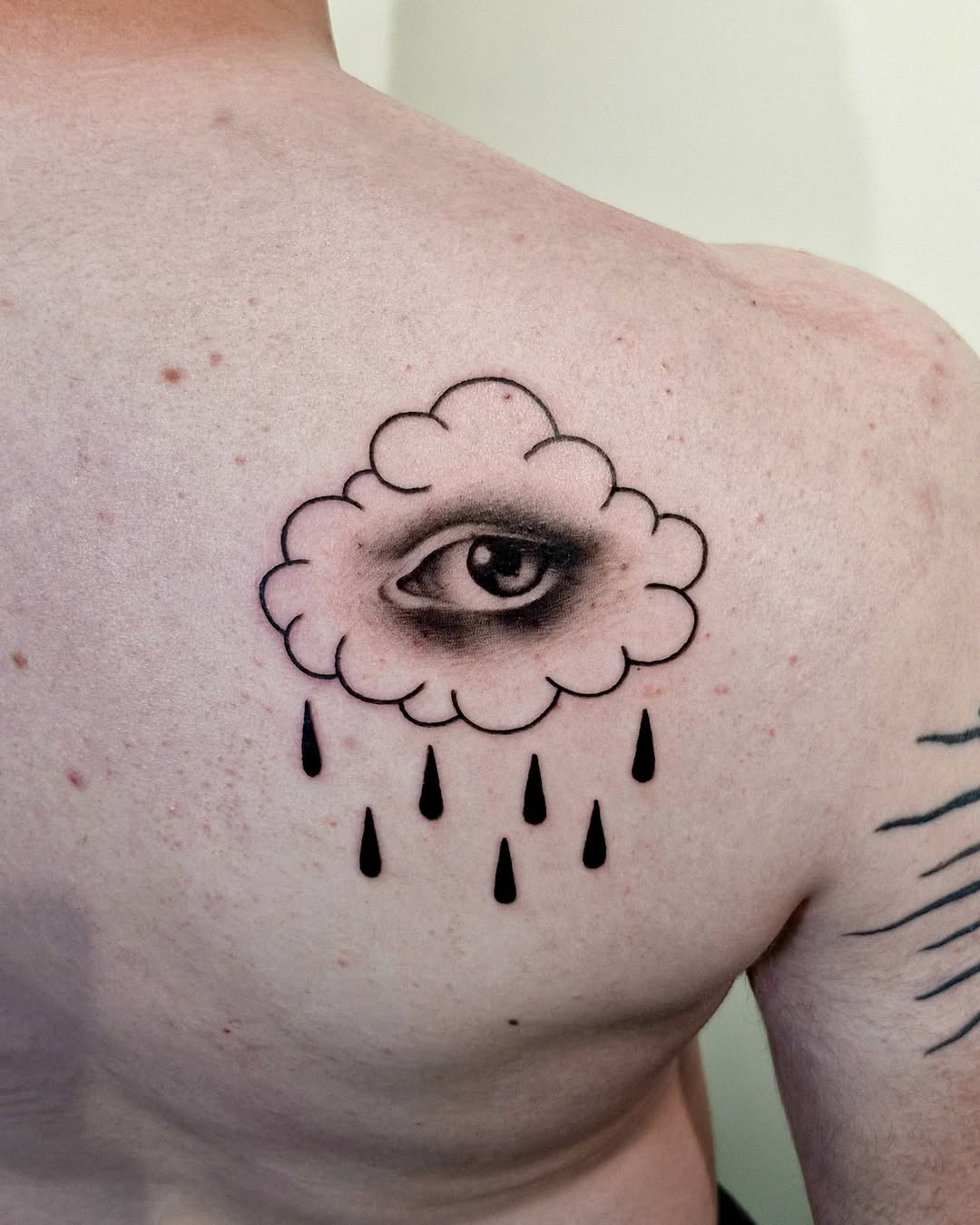 Bold cloud outline housing a photorealistic eye, teardrop rain.