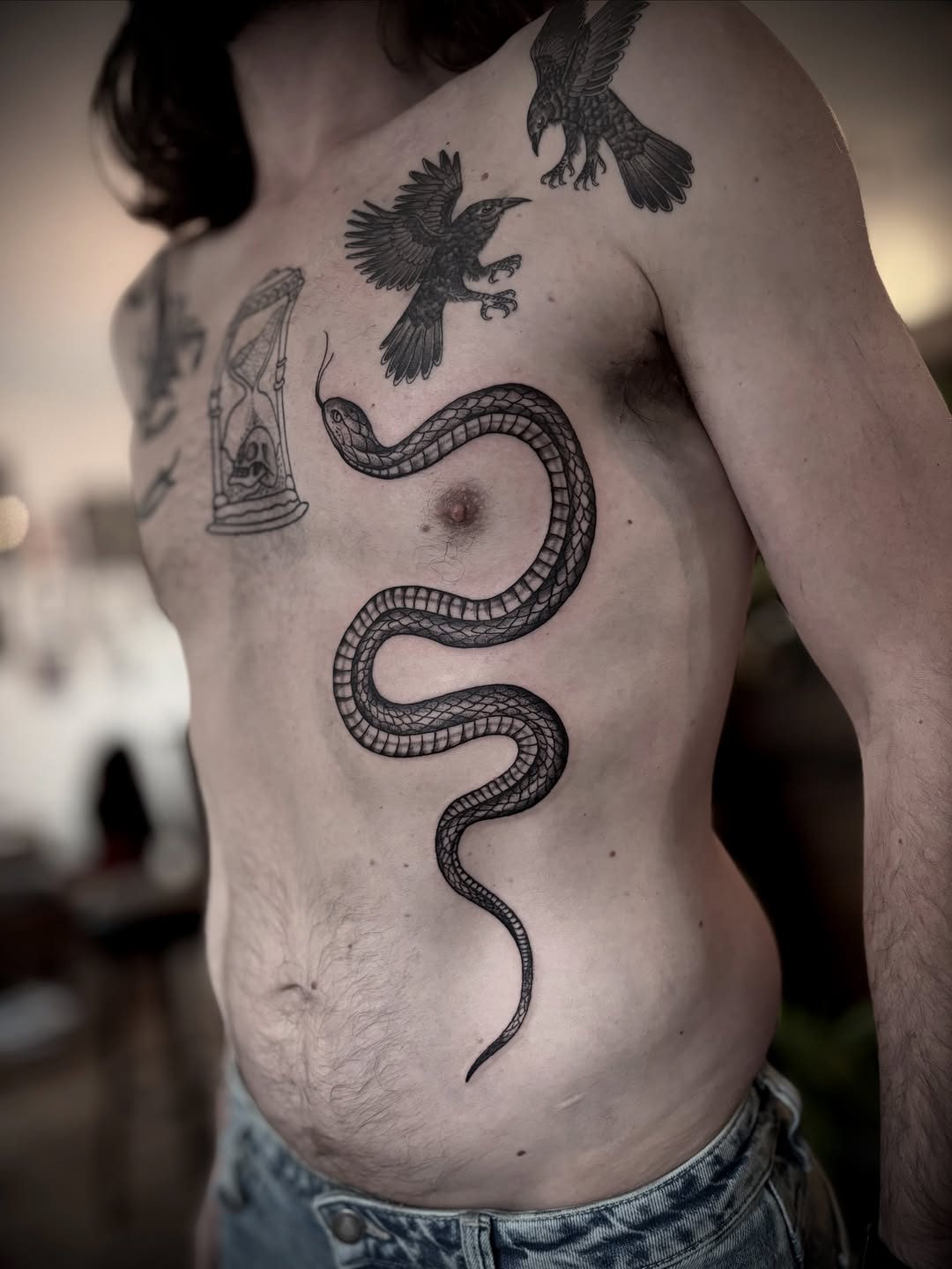 Bold black snake winds along ribcage with ravens