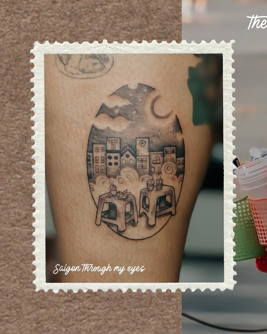 Night-cityscape within circular frame, cozy street-cafe vignette.