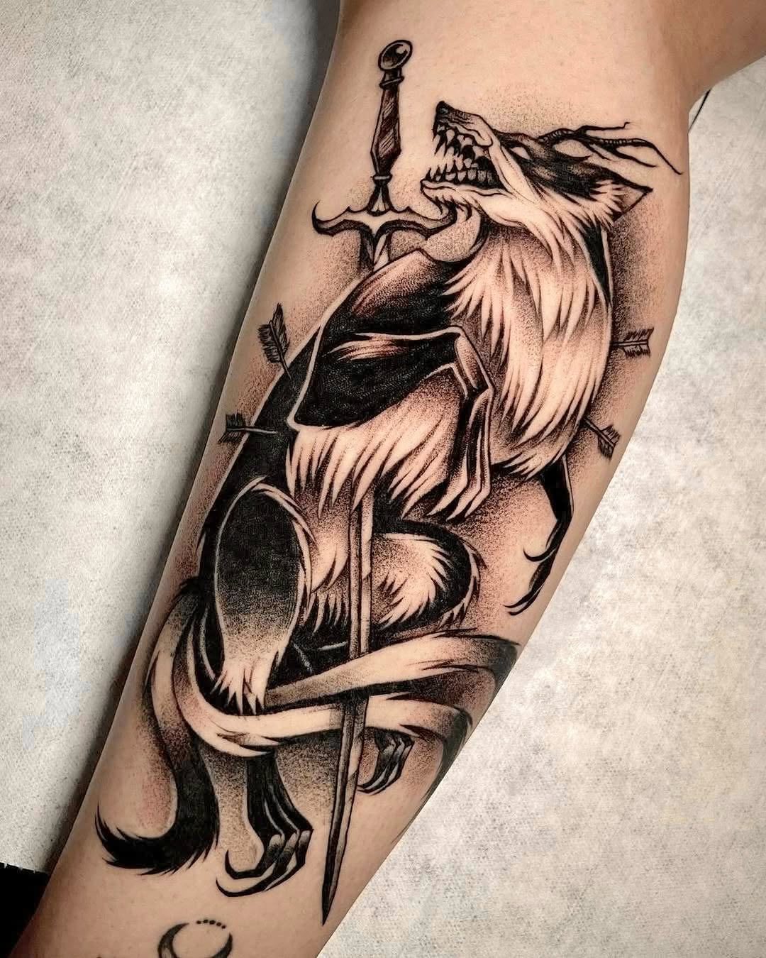 Bold blackwork wolf-creature wrapped around a vertical sword.