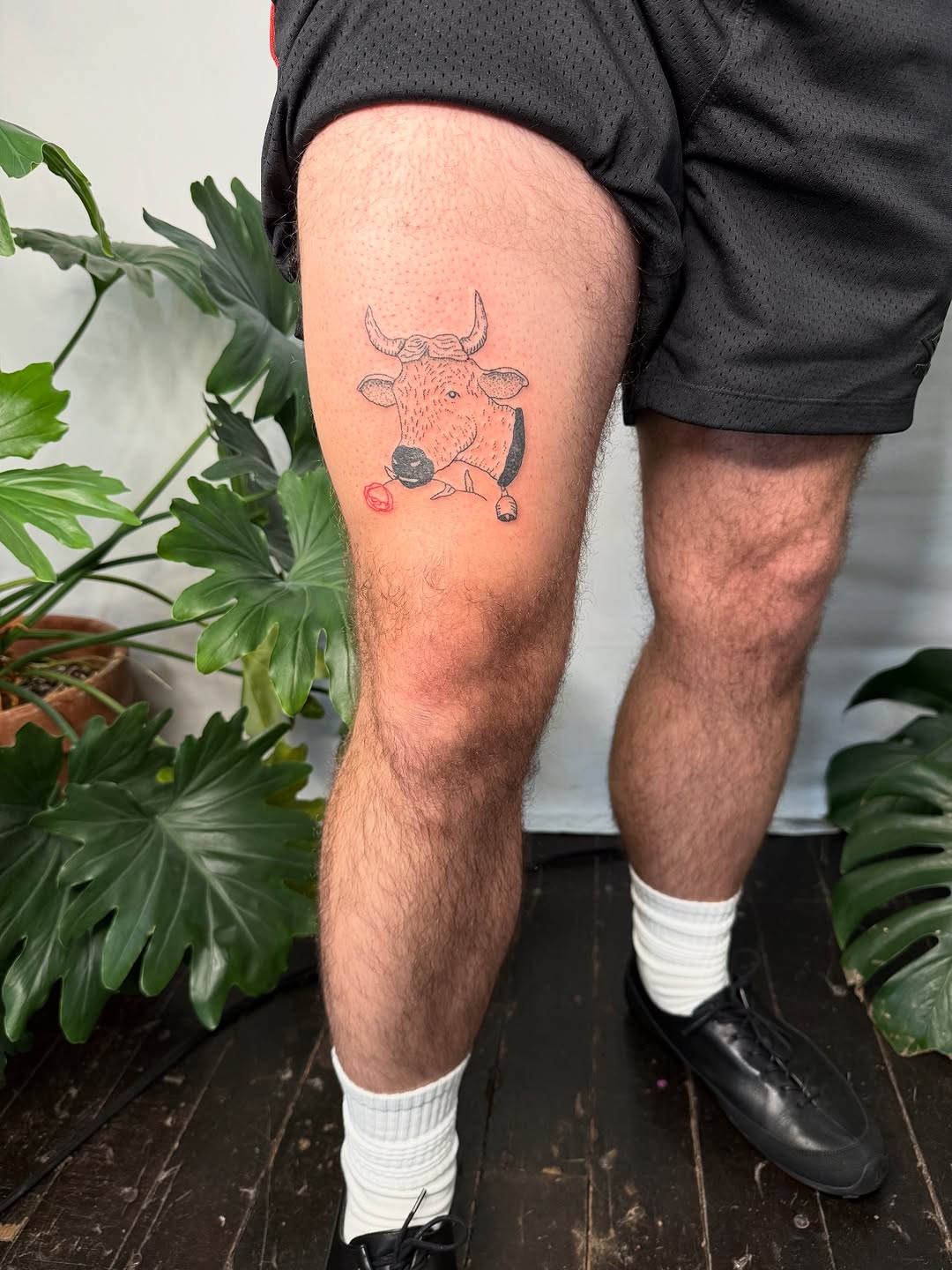 Tattoo of a bull on thigh