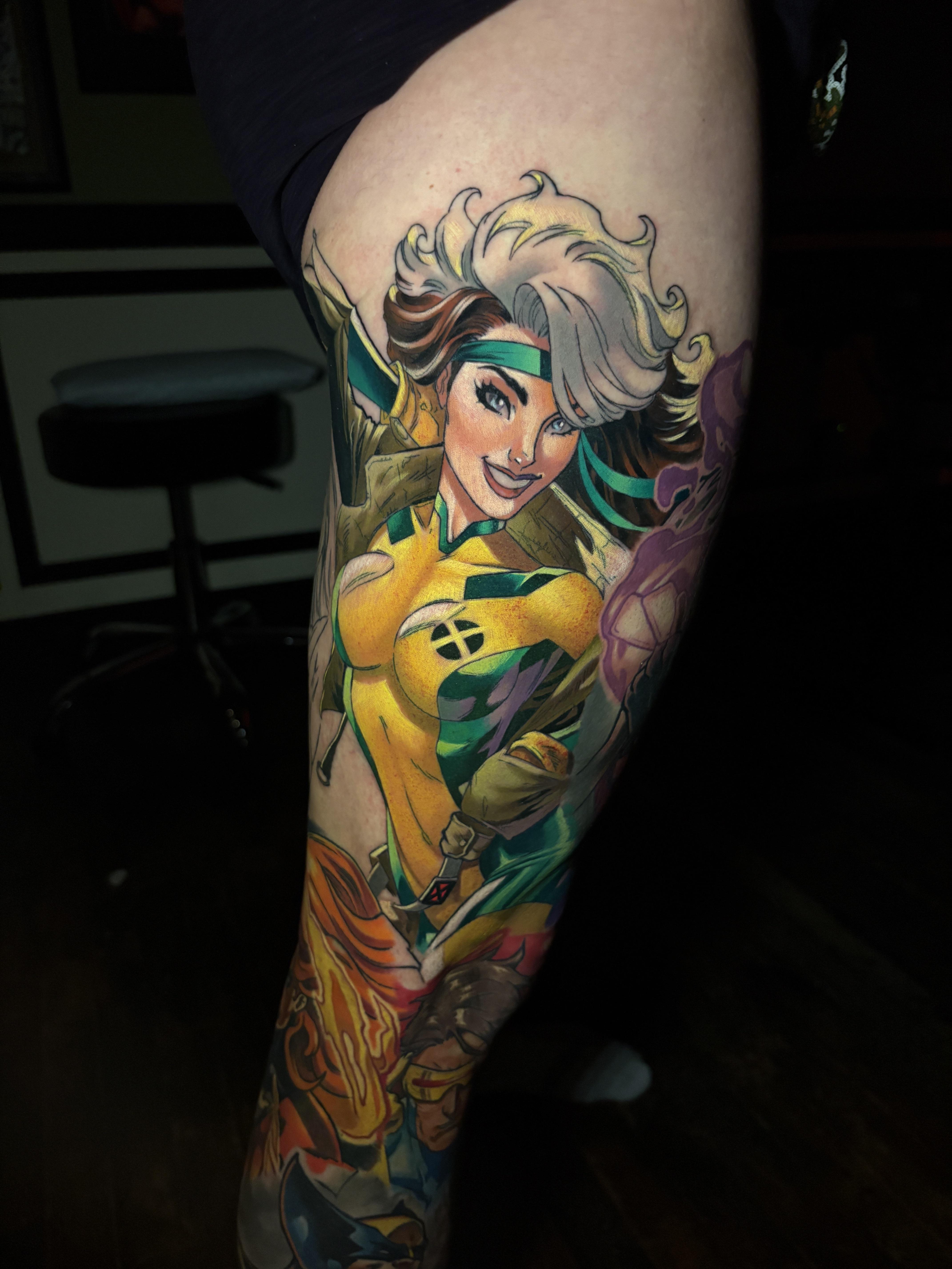 Vibrant neo-traditional Rogue X-Men leg sleeve, bold colors