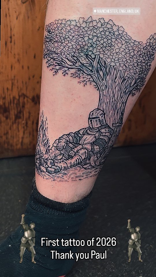 Engraving-inspired woodland scene with a reclining knight