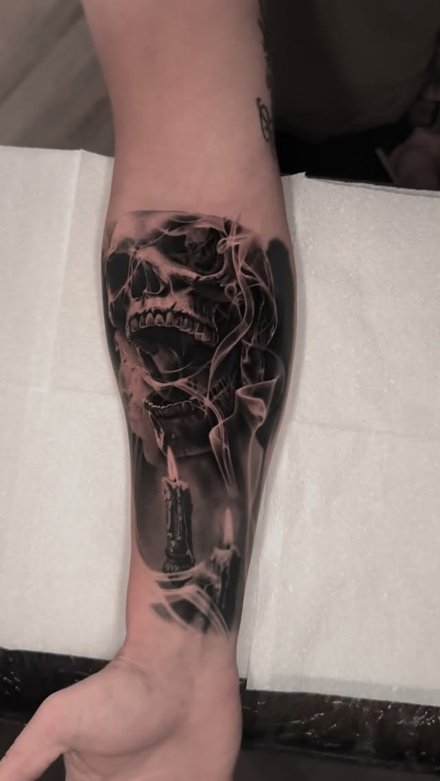 Hyper-detailed grayscale skull with lit candle and smoke.
