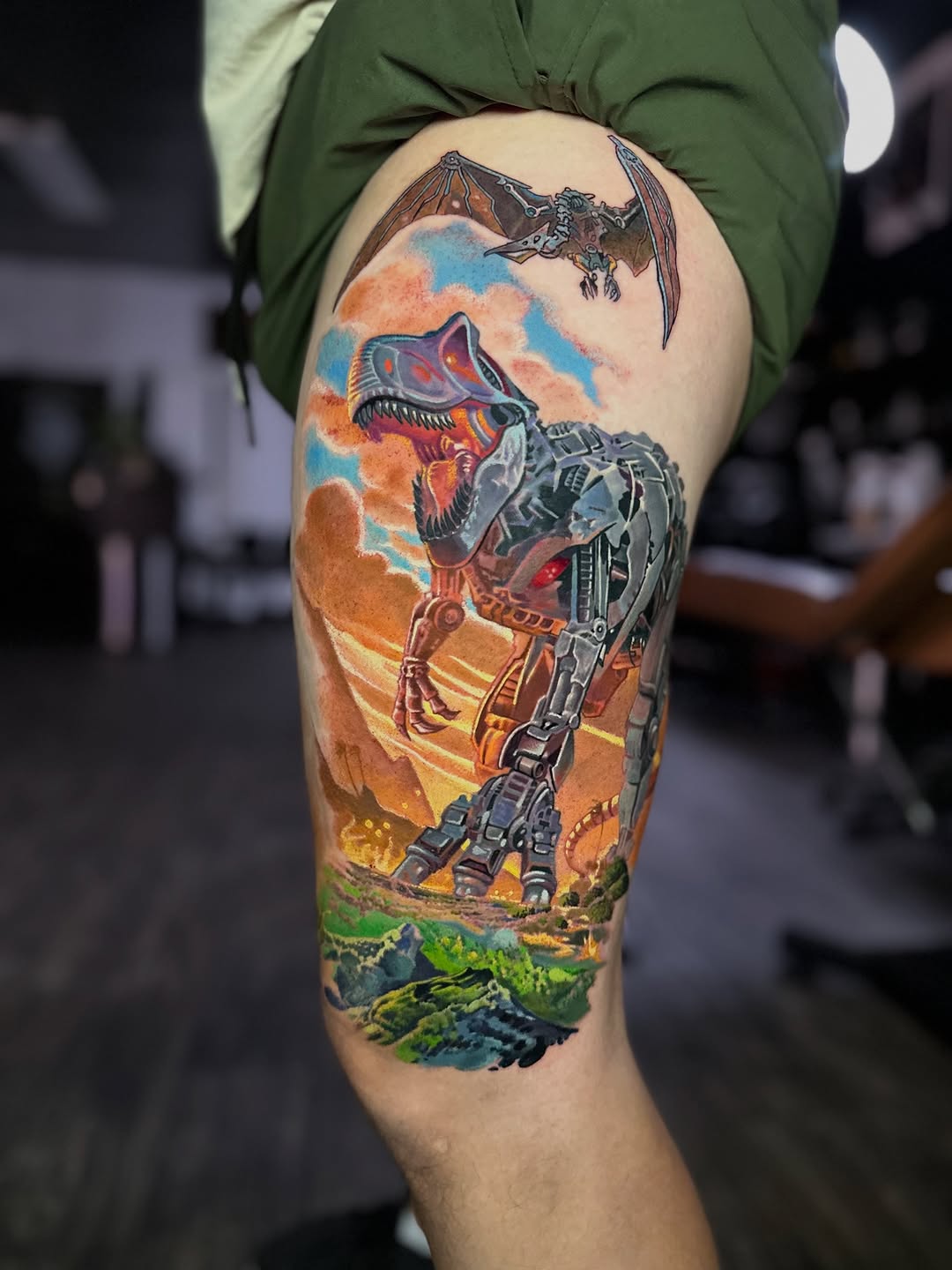 Vibrant biomechanical T-Rex with soaring pterosaur backdrop