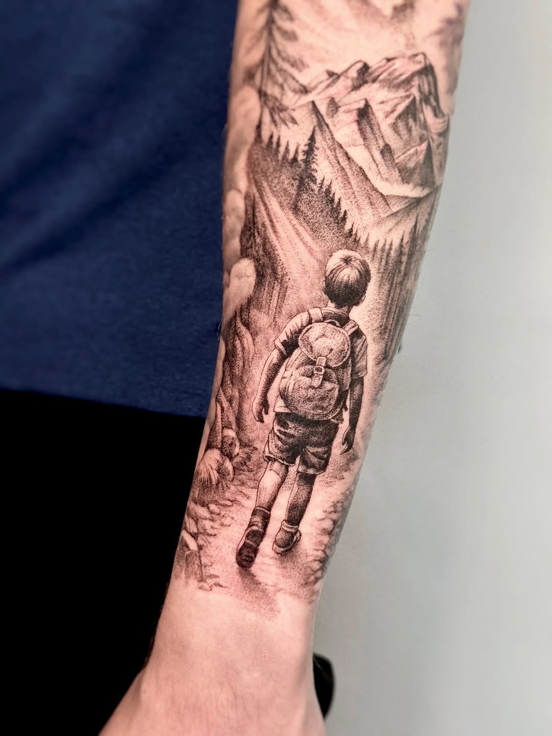 Lone hiker trekking a pine-clad mountain trail.