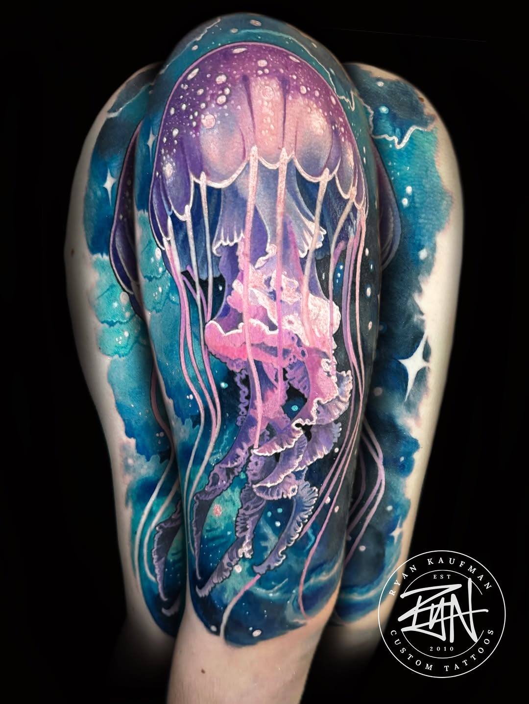 Luminous watercolor space jellyfish sleeve with cosmic blues