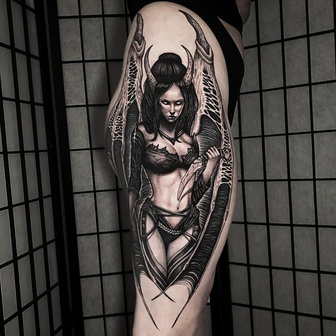 Dark black-and-gray winged demoness with bold shading.