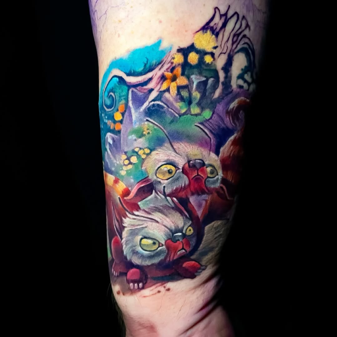 Vibrant cartoon cats in a neon, whimsical landscape.