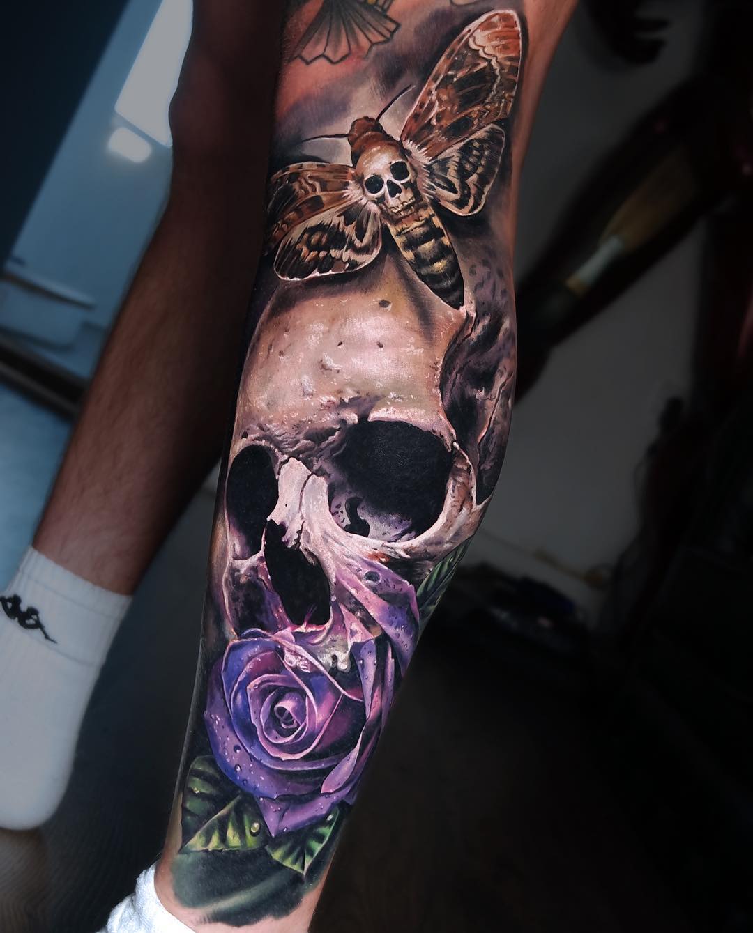 Death's-head hawkmoth with skull motif and purple rose