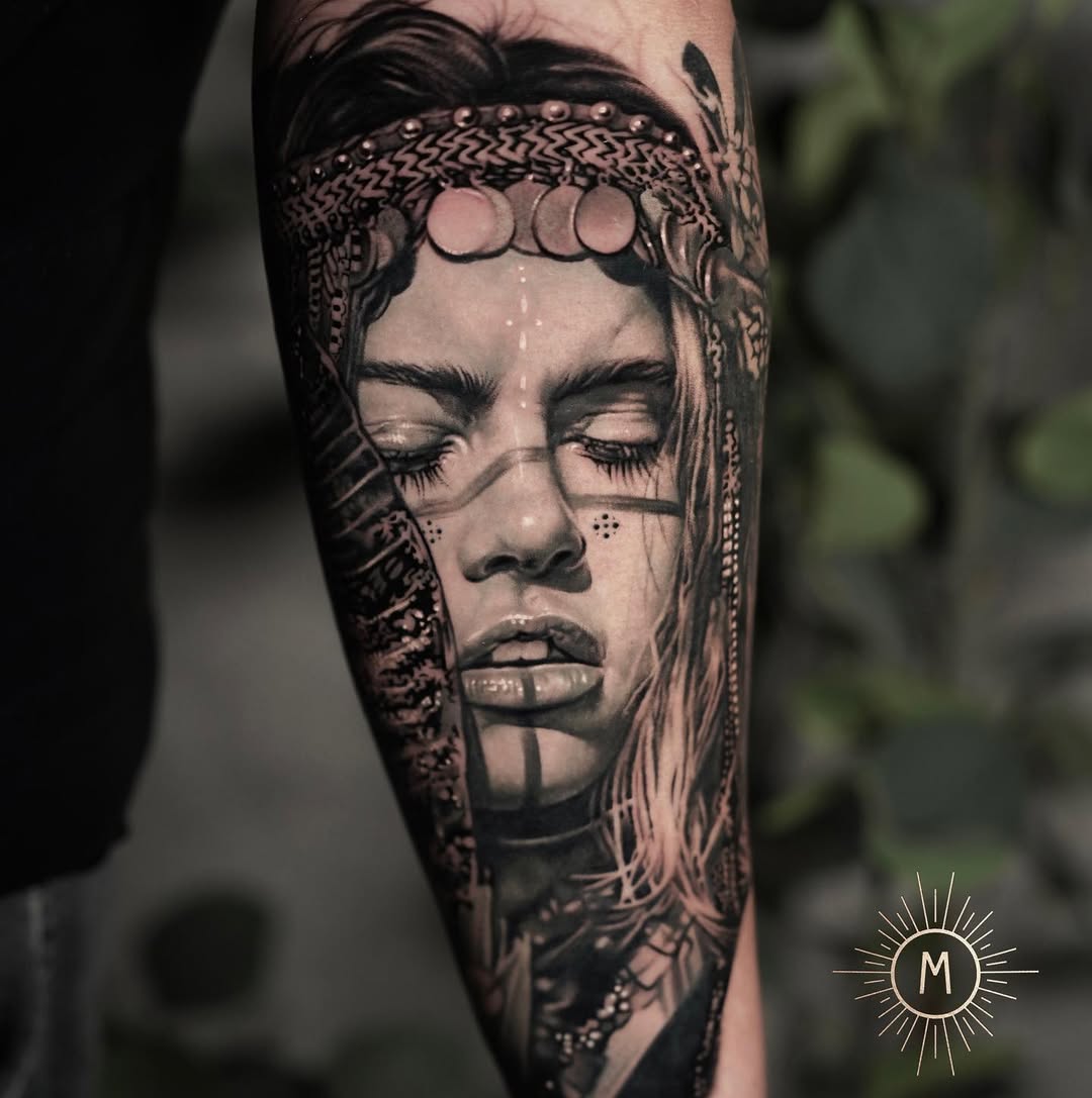 Hyper-real grayscale portrait of serene woman with ornate headpiece