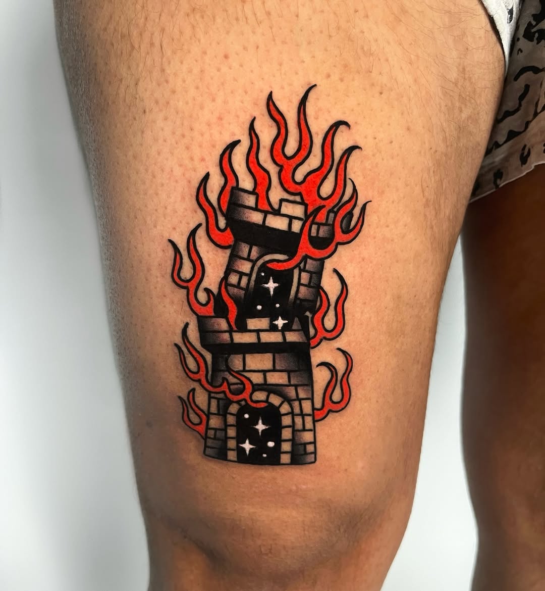 Bold blackwork burning brick tower with fiery arcs