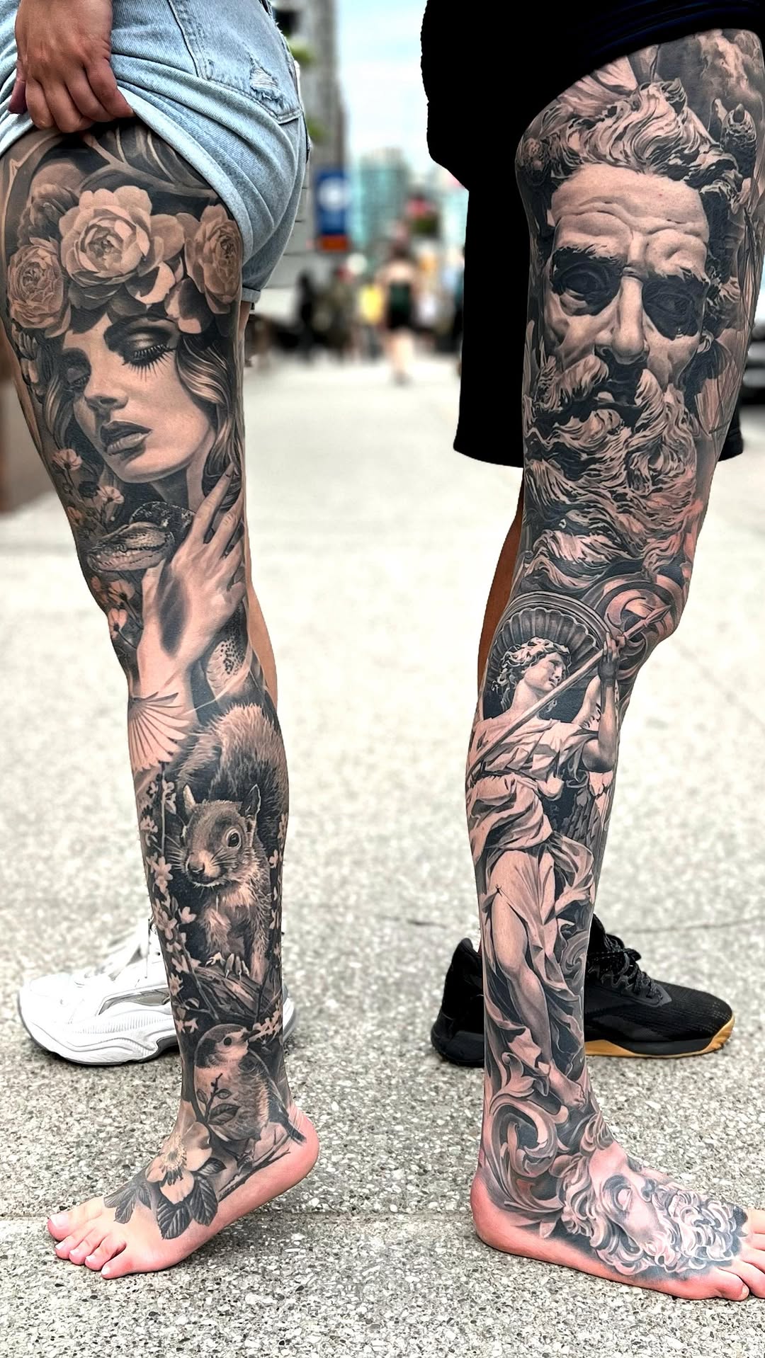 Monochrome leg sleeves: romantic florals meet neoclassical portraits