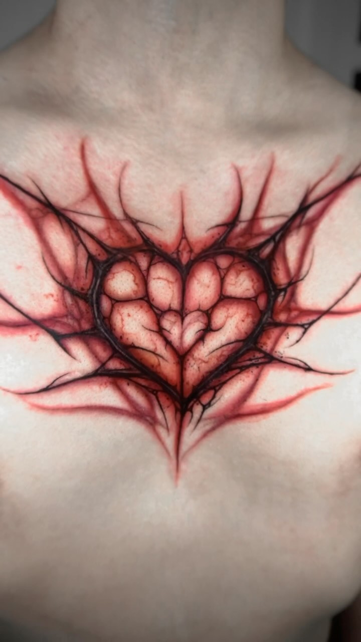 Bold bio-goth heart surrounded by jagged black branches.
