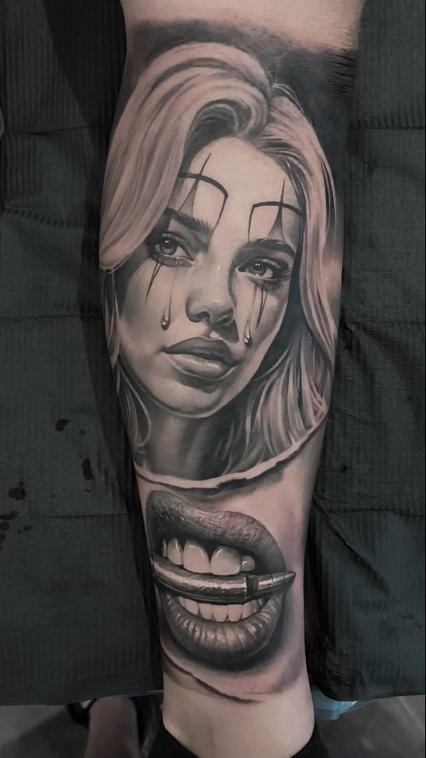 Monochrome realism portrait: teary woman with cigarette.