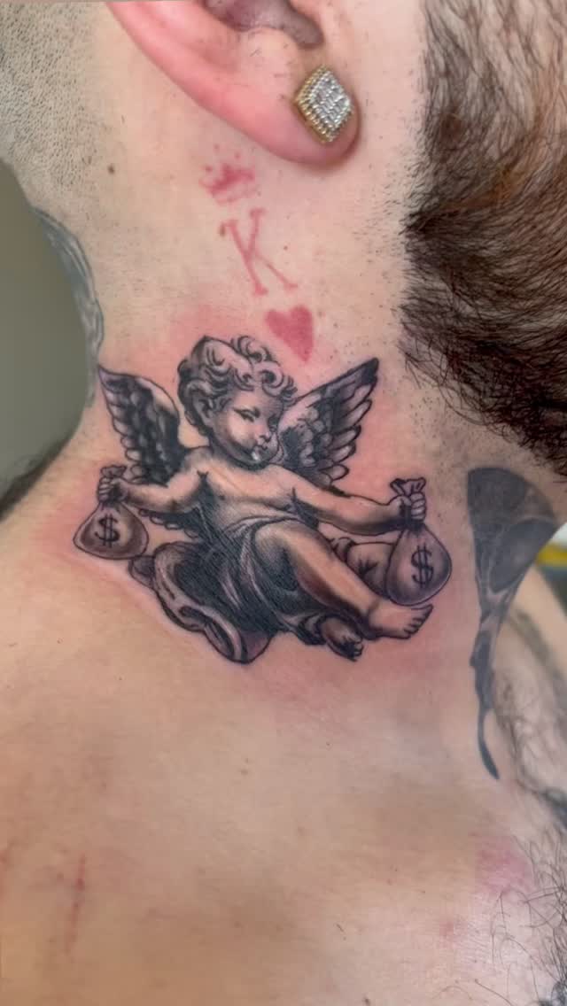 Cherubic cupid with money-bags, bold black-and-gray shading