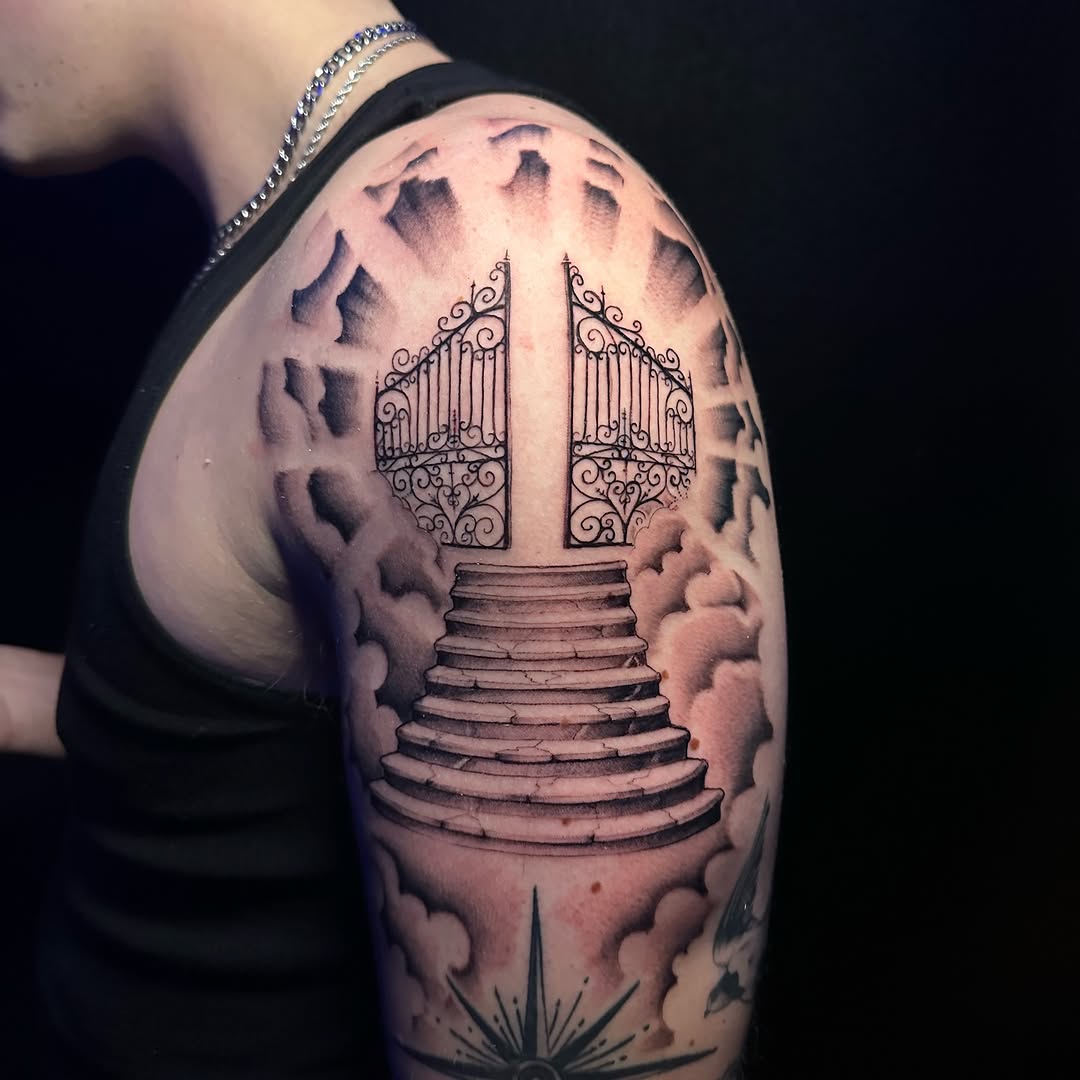 Intricate stairway to ornate gates among dreamy clouds