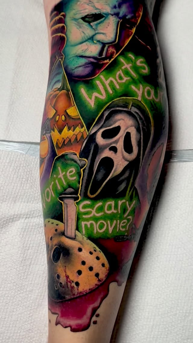 Vivid horror-movie montage sleeve with Ghostface and Jason