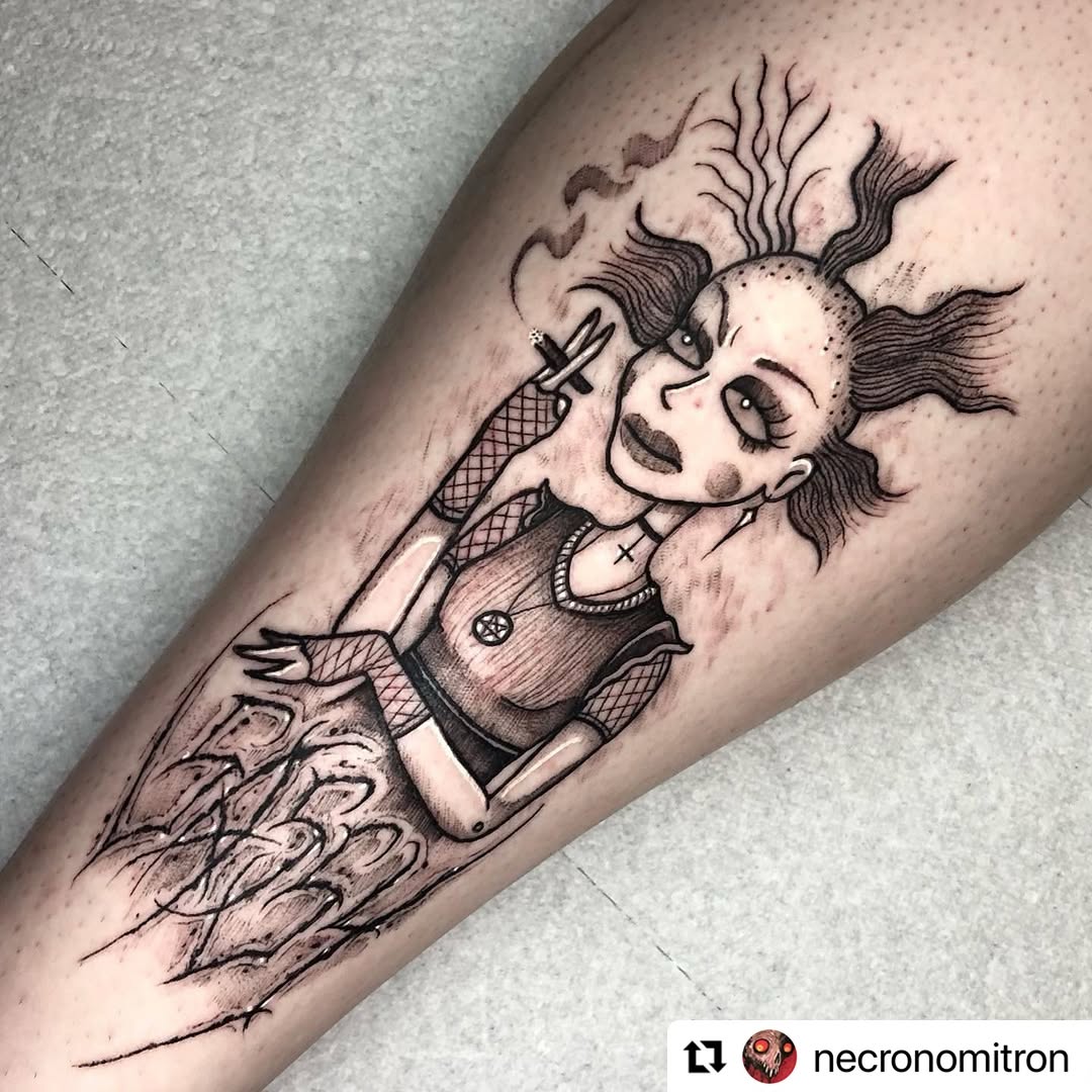 Whimsical goth-doll girl with cigarette, bold linework