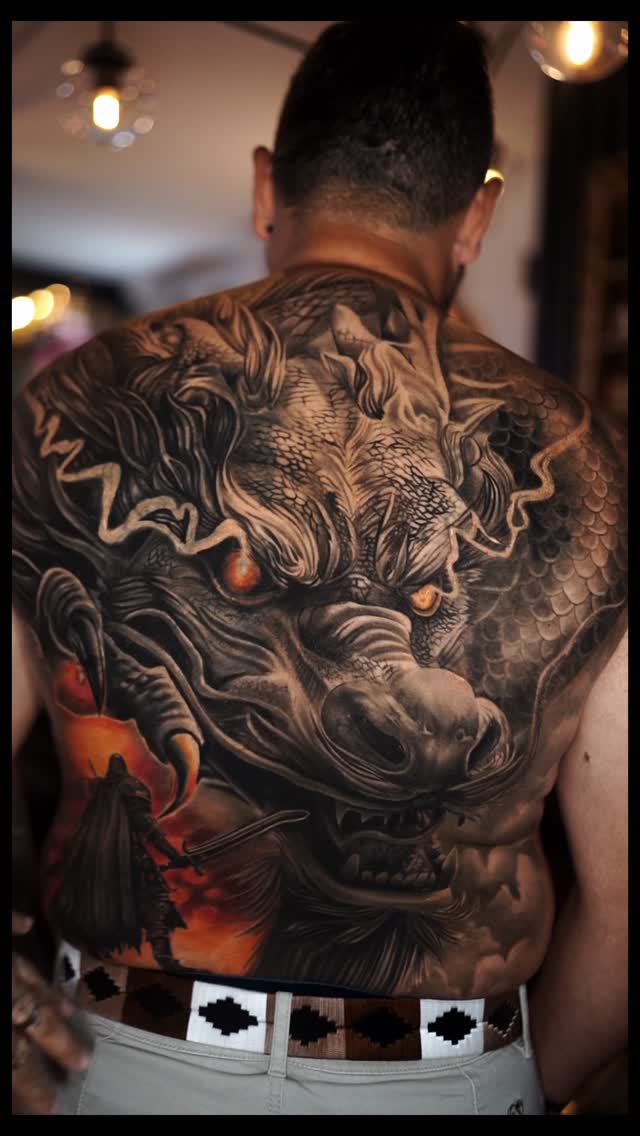 Monumental grayscale Japanese dragon back piece, fierce and atmospheric