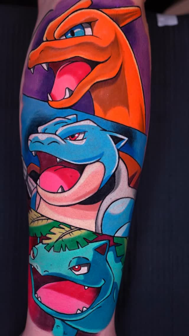 Vibrant trio of Pokémon in bold cartoon-pop art.