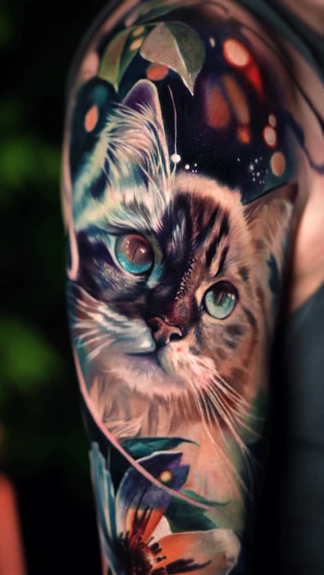 Hyperreal cat portrait with vibrant celestial backdrop