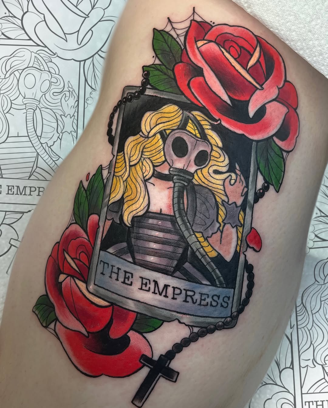 Vivid neo-traditional Empress tarot with gas-mask motif