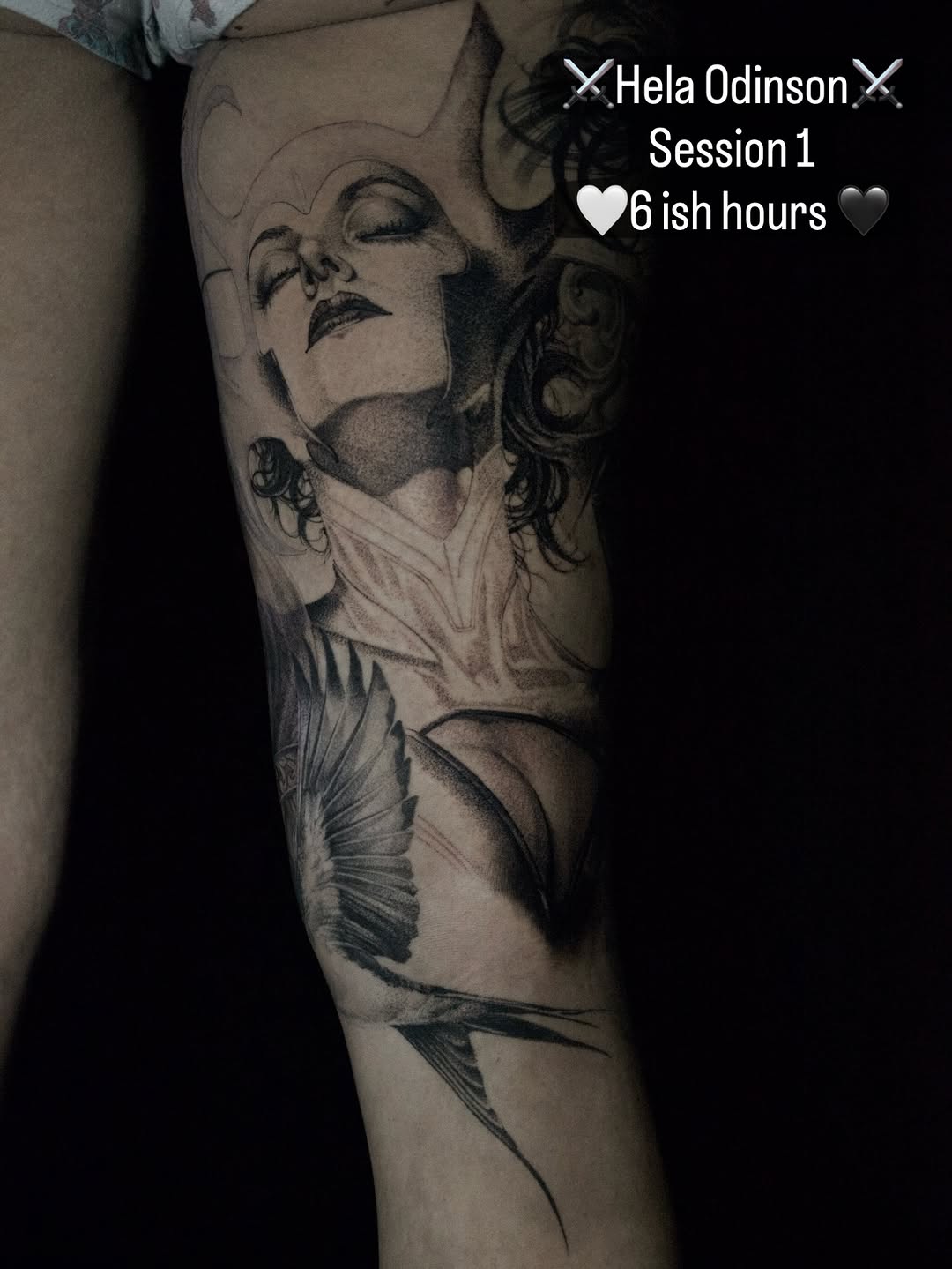 Gothic black-and-gray goddess portrait on a leg sleeve