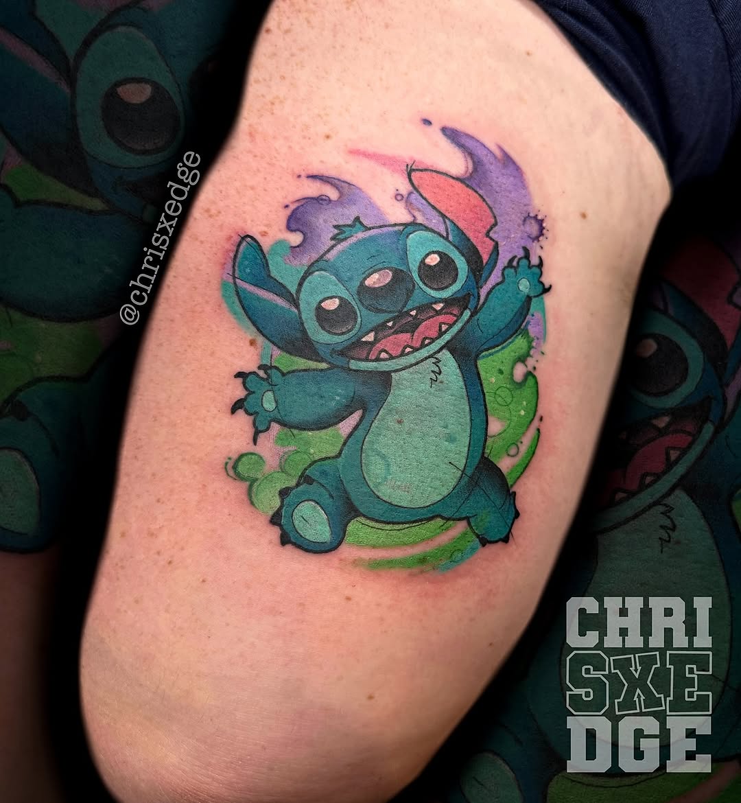 Vibrant Stitch character with playful pose, watercolor glow