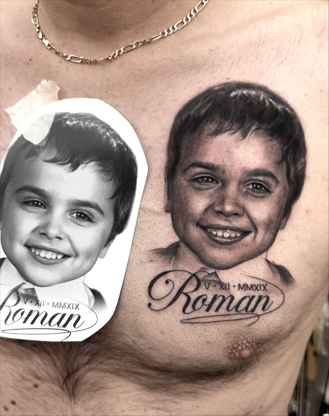 Hyper-real grayscale portrait of a smiling boy on chest