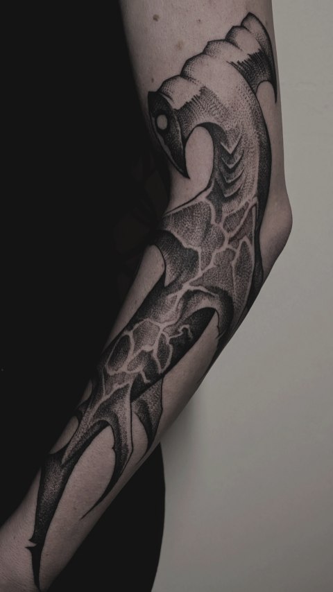 Sinister freehand shark with bold stippling and fins