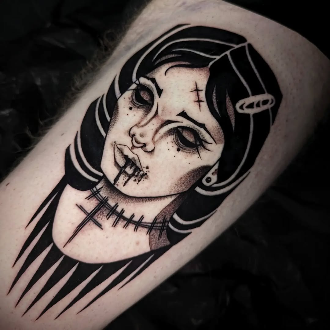 Haunting blackwork portrait with stitched mouth and bold lines.