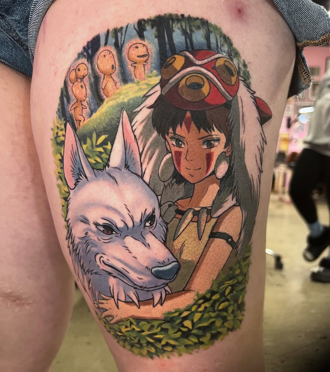 Colorful Princess Mononoke tribute with girl and wolf.