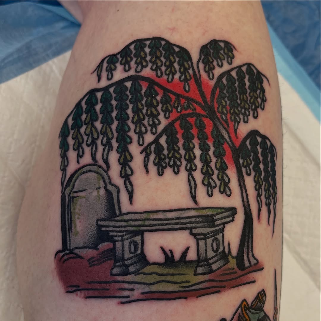 Weeping willow frame over graveyard bench, bold linework