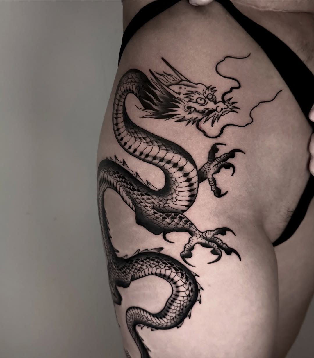 Sinuous Japanese dragon with bold linework and scales.