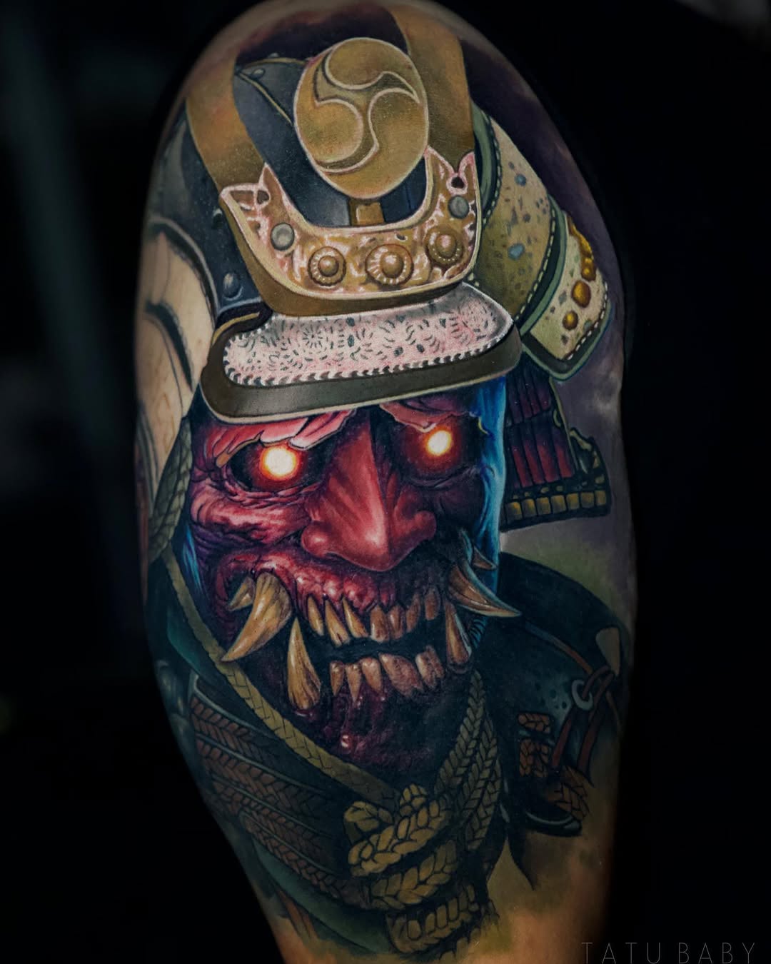 Vibrant demonic skull with crown, bold color realism