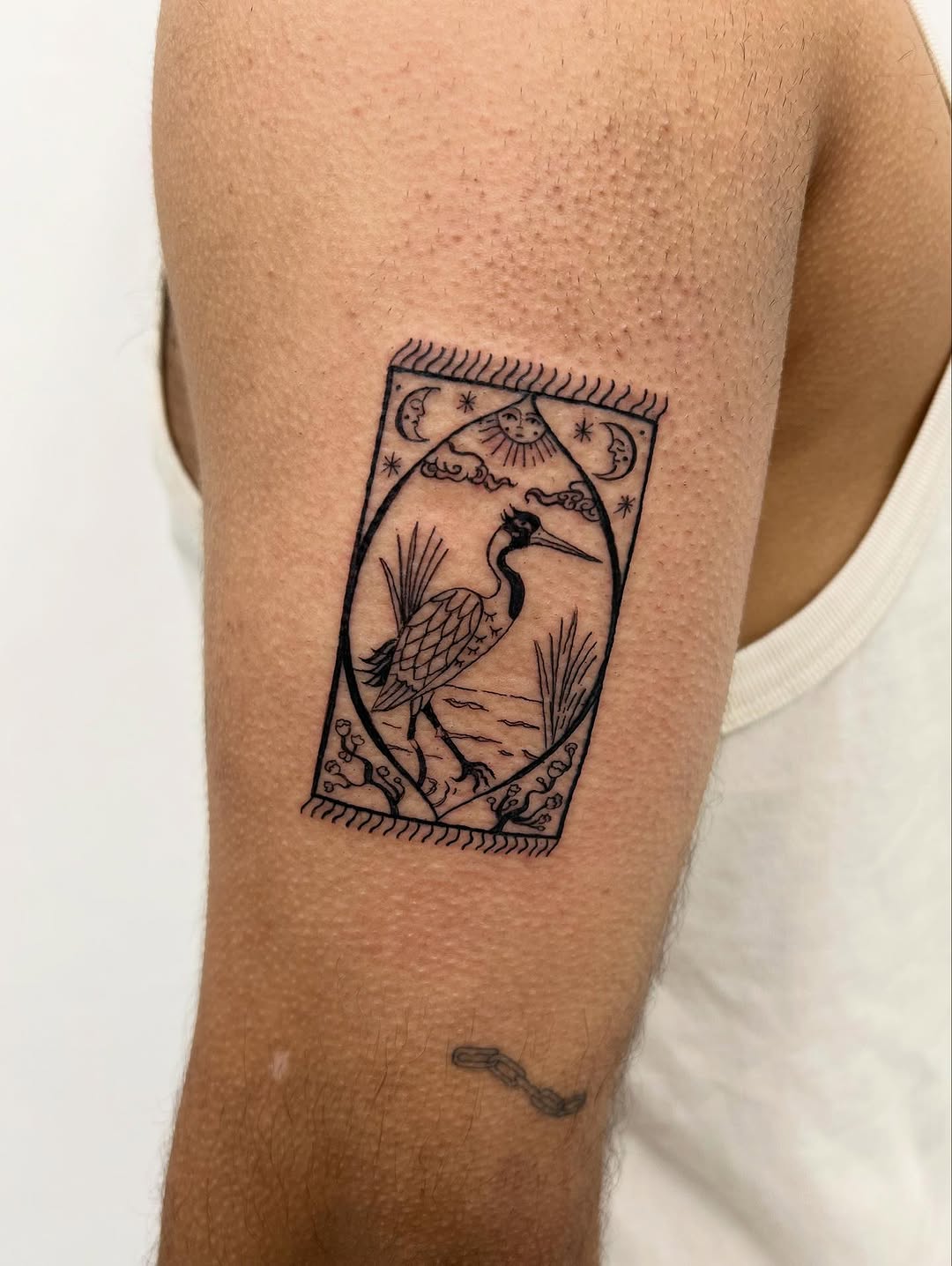 Framed crane in marsh under sun, moons, reeds