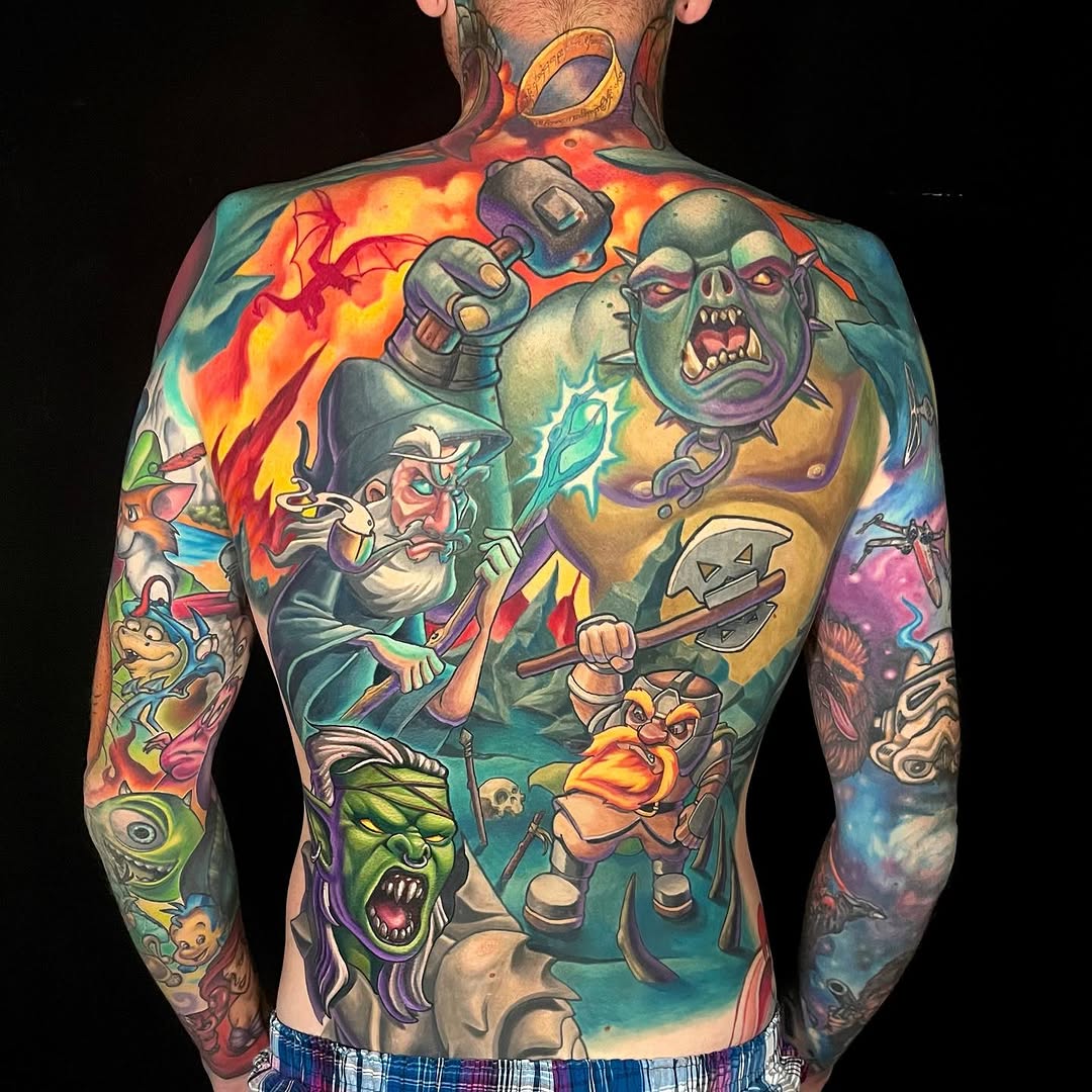 Vivid cartoon fantasy backpiece featuring orc-wizard clash