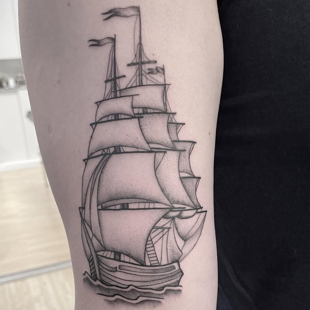 Bold blackwork ship with billowing sails
